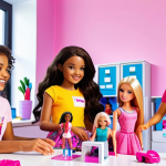 **

A diverse group of young girls of various ethnicities and body types are playing with different Barbie dolls (engineer, scientist, politician) in a brightly lit, modern playroom. The girls are smiling and engaged, showcasing the message of empowerment and inclusivity promoted by the modern Barbie brand. Instagram logo subtly present in the background, implying the source of inspiration.

**