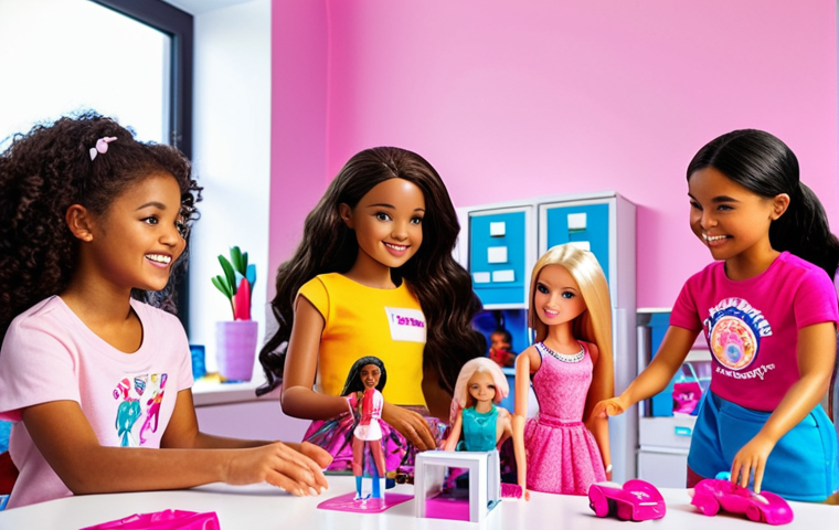**

A diverse group of young girls of various ethnicities and body types are playing with different Barbie dolls (engineer, scientist, politician) in a brightly lit, modern playroom. The girls are smiling and engaged, showcasing the message of empowerment and inclusivity promoted by the modern Barbie brand. Instagram logo subtly present in the background, implying the source of inspiration.

**
