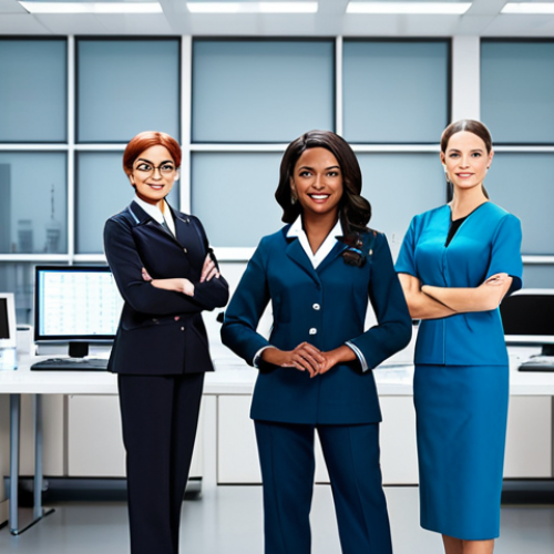 A diverse group of professional female figures, inspired by the spirit of career-focused dolls, fully clothed in modest and appropriate attire. One figure wears a tailored business suit, another a clean, professional doctor's uniform, and a third a pilot's uniform, all demonstrating professional dress. They stand confidently in a modern, aspirational setting with elements suggesting various career paths, such as a sleek office background subtly merging with a scientific lab or a control room. The image conveys empowerment and ambition, featuring perfect anatomy, correct proportions, natural poses, well-formed hands, and proper finger count. High-quality professional photography, bright studio lighting. safe for work, appropriate content, family-friendly.