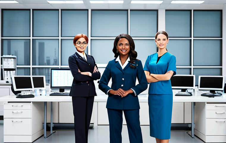 A diverse group of professional female figures, inspired by the spirit of career-focused dolls, fully clothed in modest and appropriate attire. One figure wears a tailored business suit, another a clean, professional doctor's uniform, and a third a pilot's uniform, all demonstrating professional dress. They stand confidently in a modern, aspirational setting with elements suggesting various career paths, such as a sleek office background subtly merging with a scientific lab or a control room. The image conveys empowerment and ambition, featuring perfect anatomy, correct proportions, natural poses, well-formed hands, and proper finger count. High-quality professional photography, bright studio lighting. safe for work, appropriate content, family-friendly.