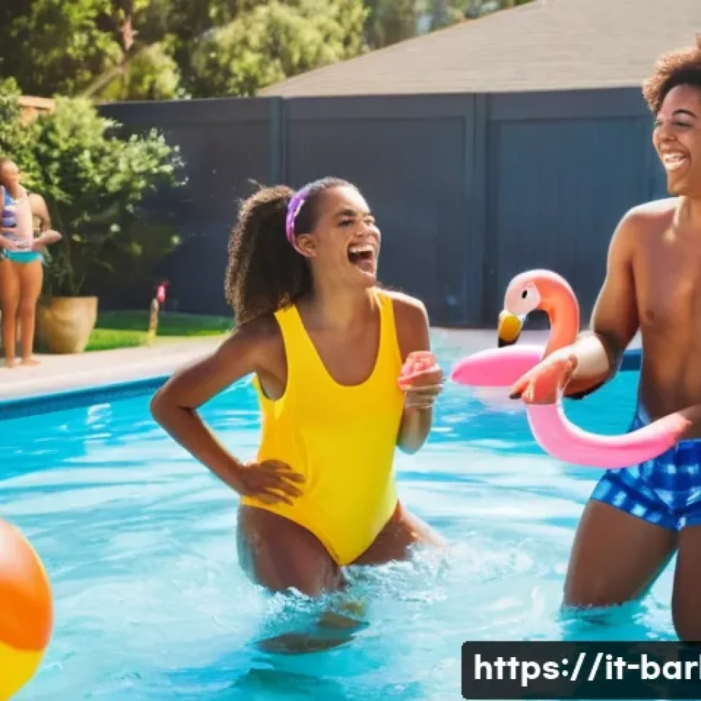 바비와 관련된 음악 - **Prompt:** A group of diverse teenage friends are having a summer pool party in a backyard in Calif...