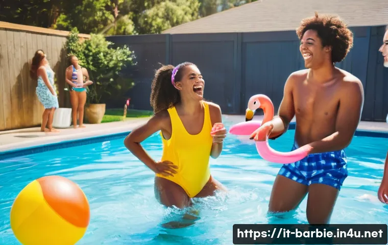 바비와 관련된 음악 - **Prompt:** A group of diverse teenage friends are having a summer pool party in a backyard in Calif...