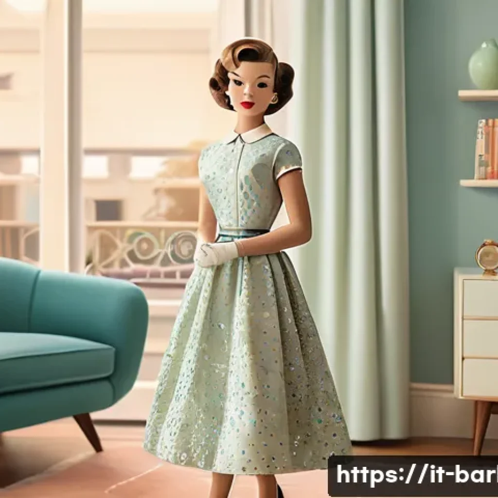 바비인형 제작자 루스 핸들러 - A detailed, realistic illustration of a 1950s inspired fashion doll standing confidently in a mid-ce...