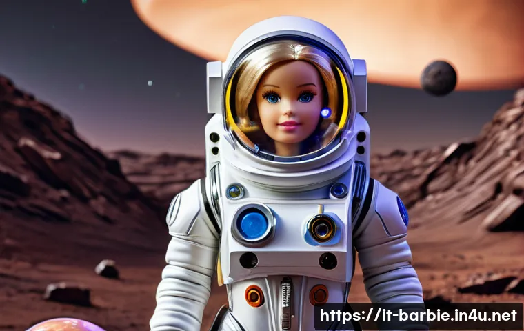 바비 직업 시리즈 특징 - A detailed image of a Barbie doll dressed as an astronaut, wearing a full space suit with a clear he...