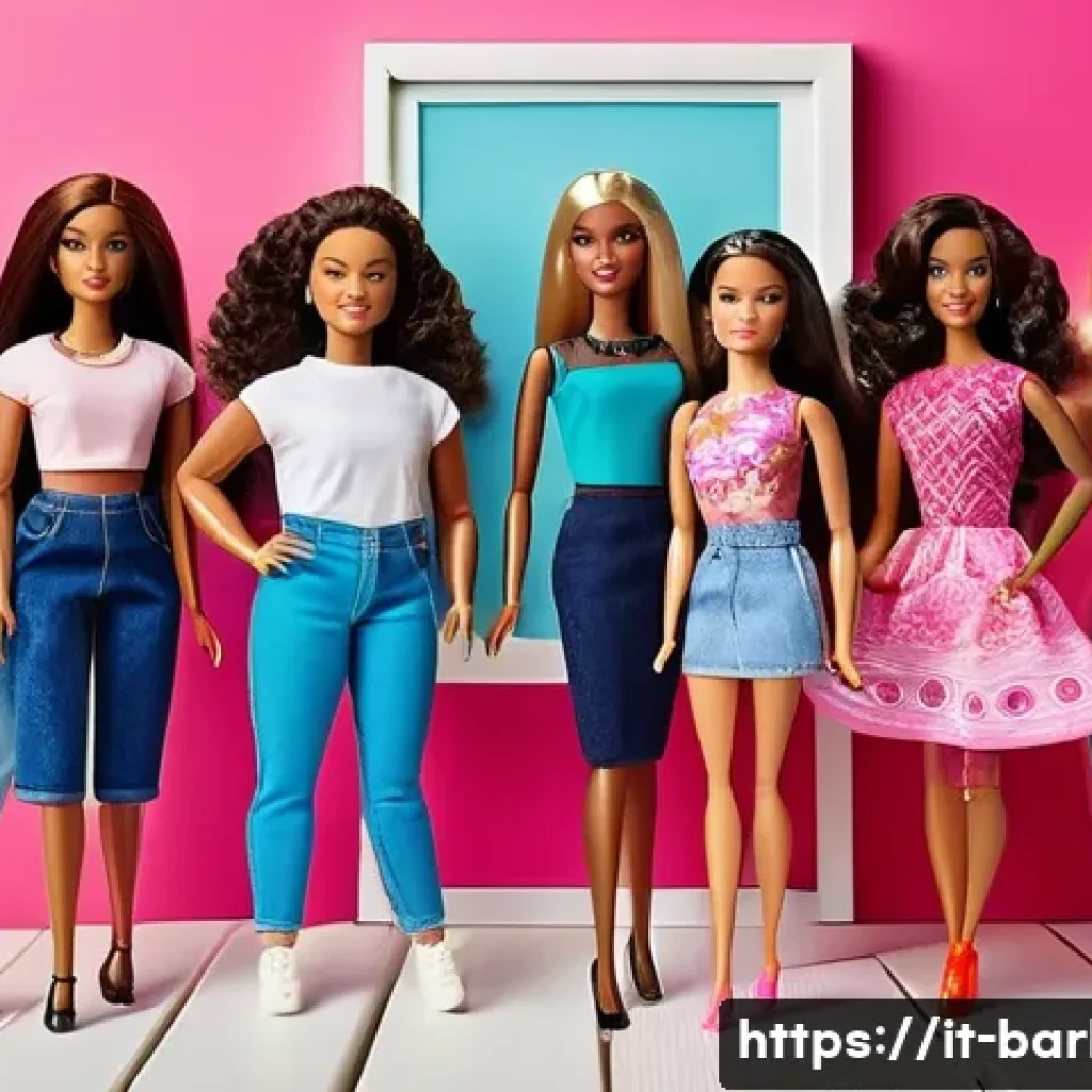 바비의 현대적 변화 - A diverse group of Barbie dolls standing together in a bright, modern playroom, each doll representi...