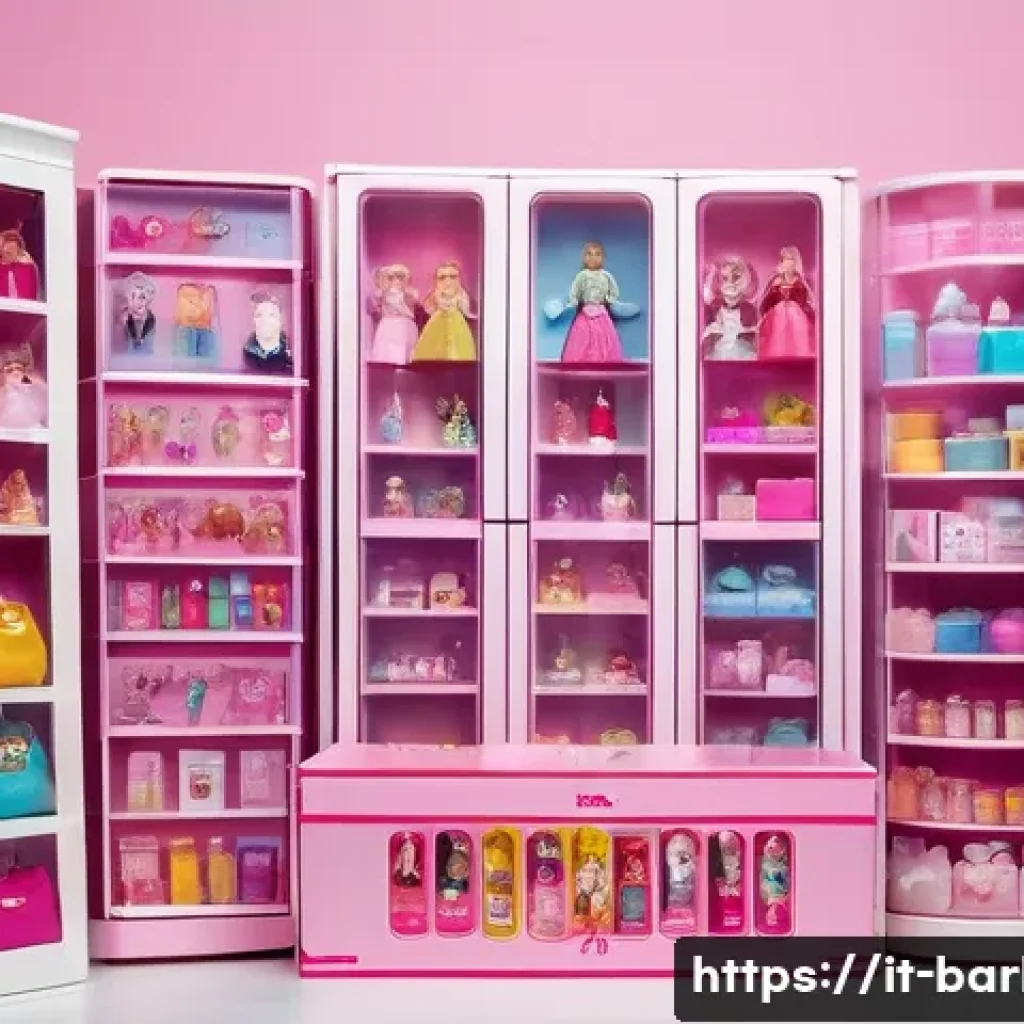 바비인형 보관 시 유의사항 - A meticulously organized doll room showcasing a collection of Barbie dolls stored in transparent, BP...
