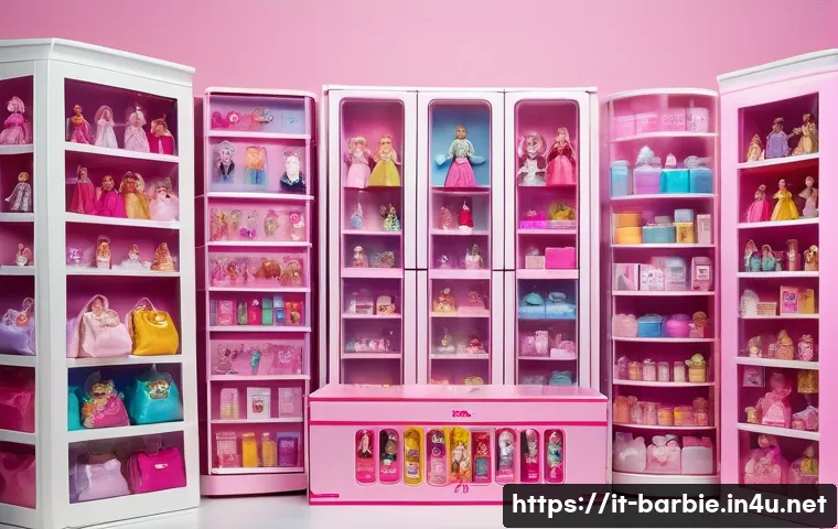 바비인형 보관 시 유의사항 - A meticulously organized doll room showcasing a collection of Barbie dolls stored in transparent, BP...