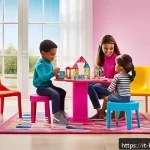 바비 드림하우스 세부정보 - A modern Barbie Dreamhouse interior scene showcasing modular rooms with eco-friendly recycled plasti...
