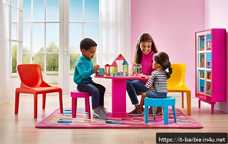 바비 드림하우스 세부정보 - A modern Barbie Dreamhouse interior scene showcasing modular rooms with eco-friendly recycled plasti...