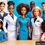 바비와 여성주의 논란 - A diverse group of Barbie dolls representing multiple ethnicities and body types, each dressed in pr...
