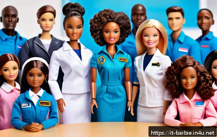 바비와 여성주의 논란 - A diverse group of Barbie dolls representing multiple ethnicities and body types, each dressed in pr...