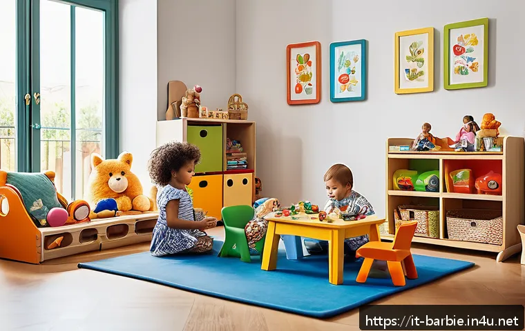 바비인형과 어린이 심리 - A cozy, warmly lit playroom in a modern Italian home, featuring a diverse group of children aged 4-6...