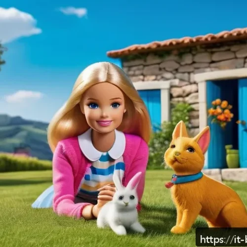 바비와 애완동물 시리즈 - A cheerful scene featuring Barbie dressed in casual, colorful clothing playing with her animal frien...