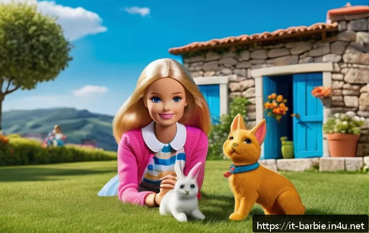 바비와 애완동물 시리즈 - A cheerful scene featuring Barbie dressed in casual, colorful clothing playing with her animal frien...