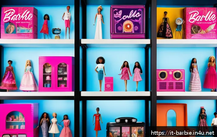 바비와 콜렉터의 심리 - A diverse collection of Barbie dolls displayed elegantly on shelves in a modern collector’s room, fe...