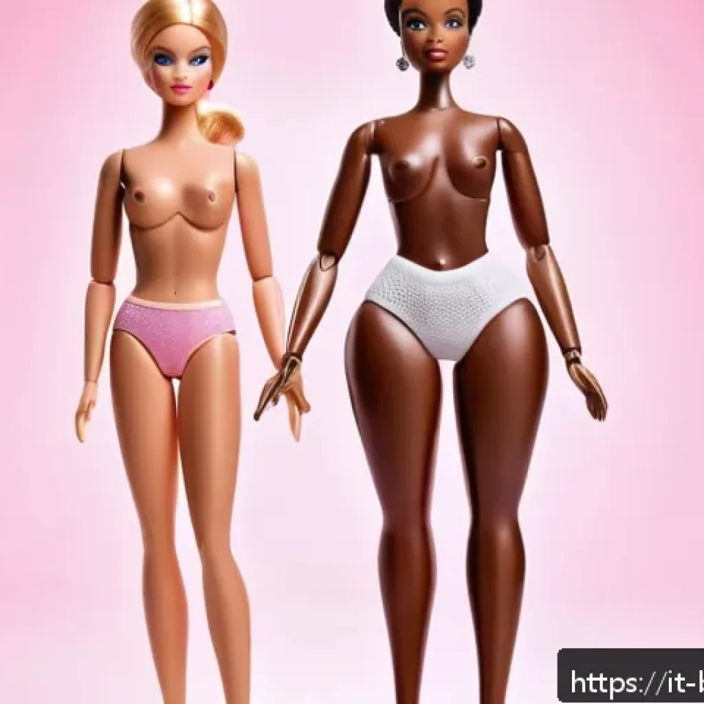 바비인형의 신체 비율 논쟁 - A detailed artistic comparison scene featuring a stylized Barbie doll alongside a realistic adult wo...