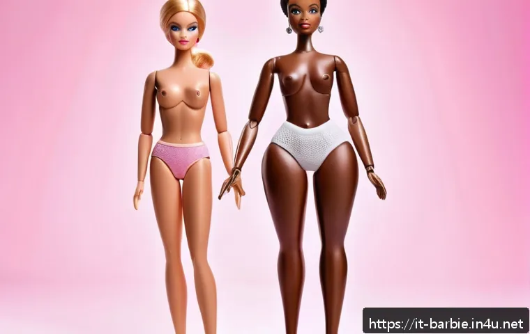 바비인형의 신체 비율 논쟁 - A detailed artistic comparison scene featuring a stylized Barbie doll alongside a realistic adult wo...